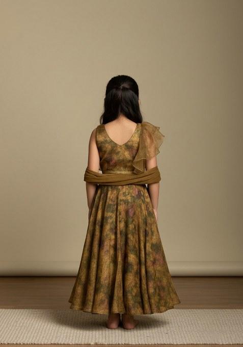 Girls Green Floral Print Tissue Lehenga Set