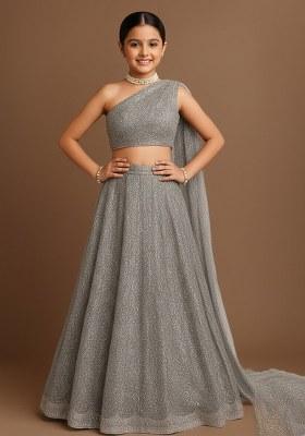 Girls Silver Embellished Net Lehenga Set
