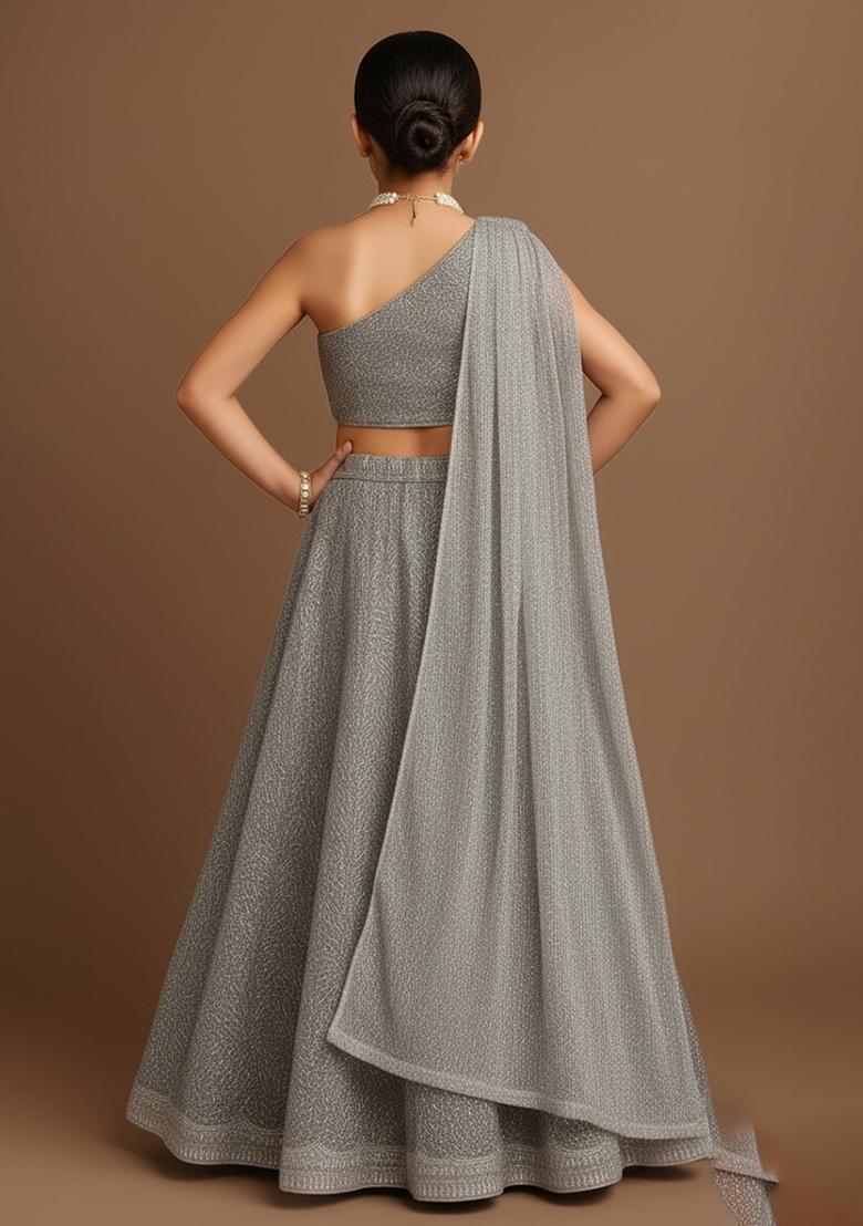 Girls Silver Embellished Net Lehenga Set - Indya