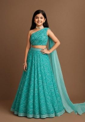 Girls Blue Embellished Net Lehenga Set