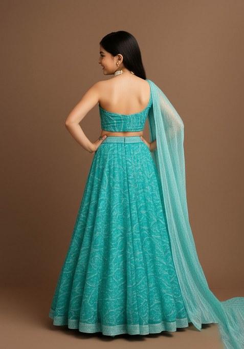 Girls Blue Embellished Net Lehenga Set