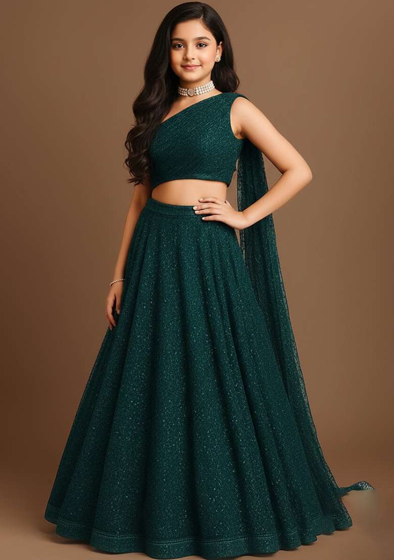 Girls Dark Turquoise Embroidered Net Lehenga Set - Indya