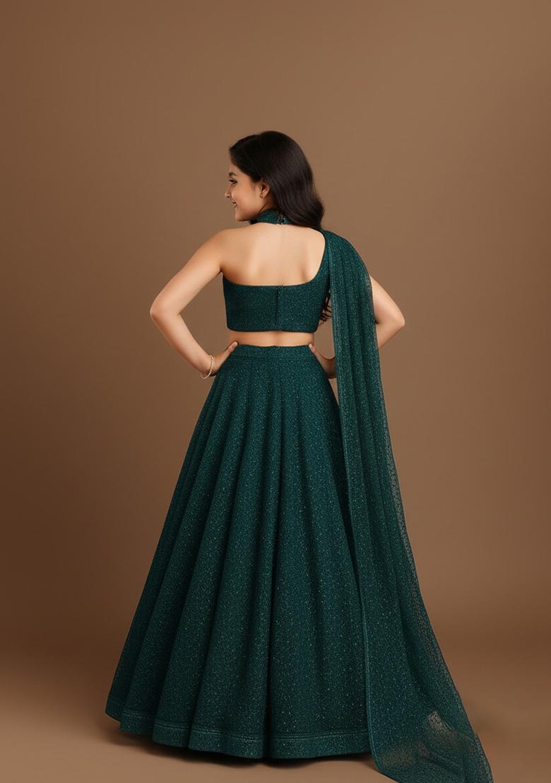 Girls Dark Turquoise Embroidered Net Lehenga Set - Indya