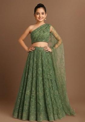 Girls Green Embellished Net Lehenga Set