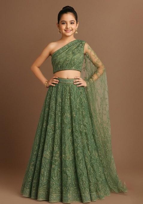 Girls Green Embellished Net Lehenga Set