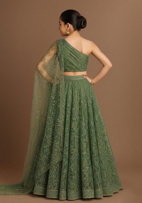 Girls Green Embellished Net Lehenga Set