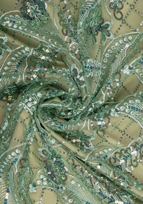 Girls Green Embellished Net Lehenga Set