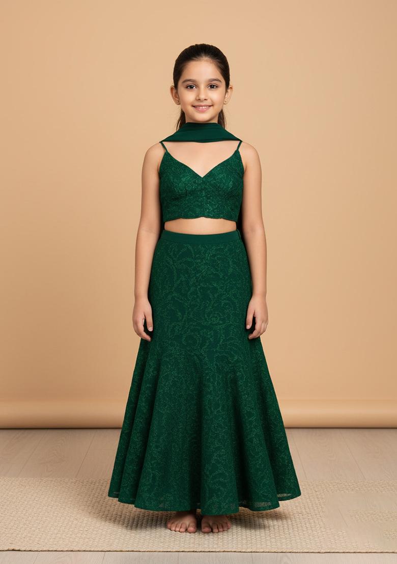 Girls Green Embellished Net Lehenga Set