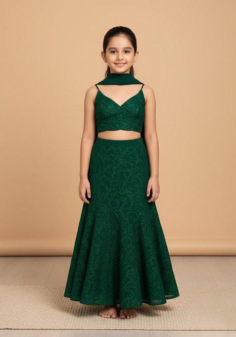 Girls Green Embellished Net Lehenga Set