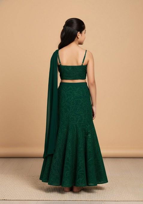 Girls Green Embellished Net Lehenga Set