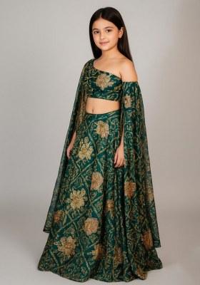 Girls Green Embroidered Satin Lehenga Set