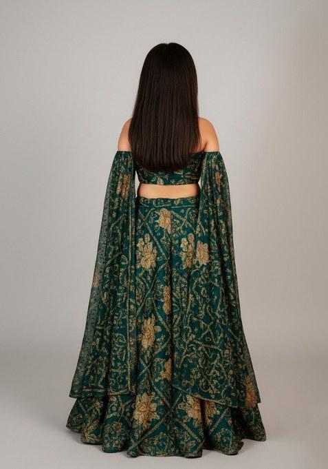 Girls Green Embroidered Satin Lehenga Set