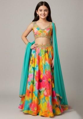 Girls Multicolor Floral Print Crepe Silk Lehenga Set