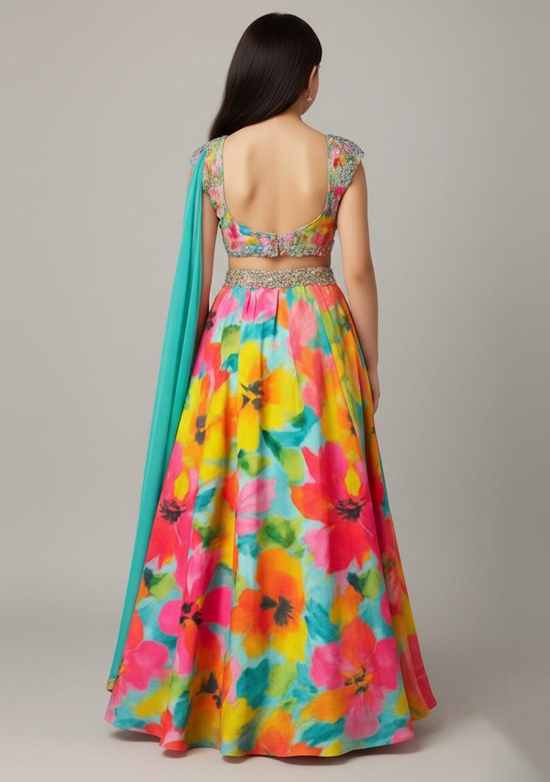 Girls Multicolor Floral Print Crepe Silk Lehenga Set