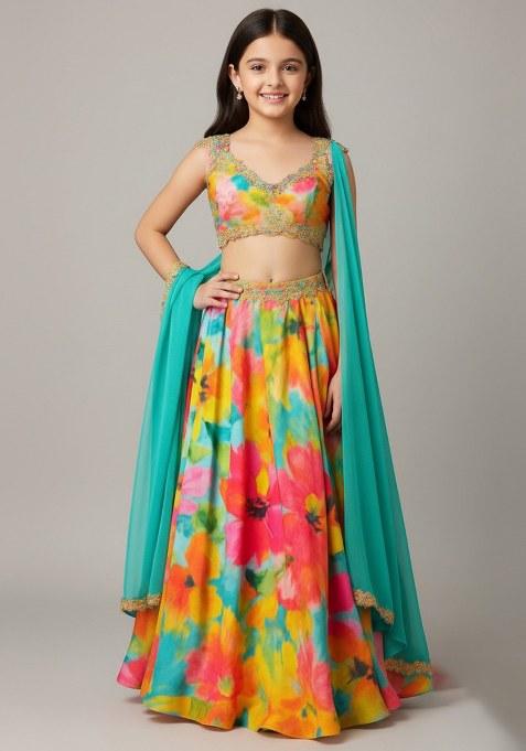 Girls Multicolor Floral Print Crepe Silk Lehenga Set