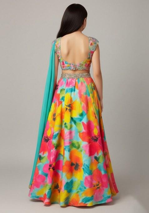 Girls Multicolor Floral Print Crepe Silk Lehenga Set
