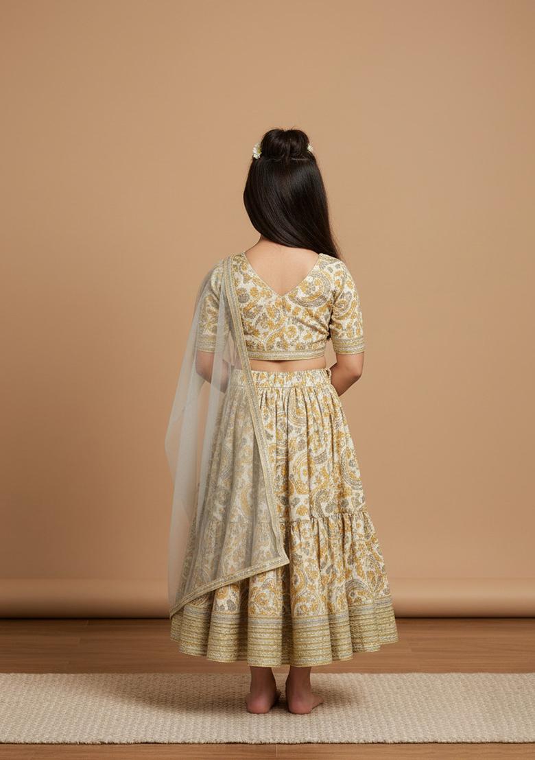 Girls Yellow Floral Print Crepe Lehenga Set - Indya