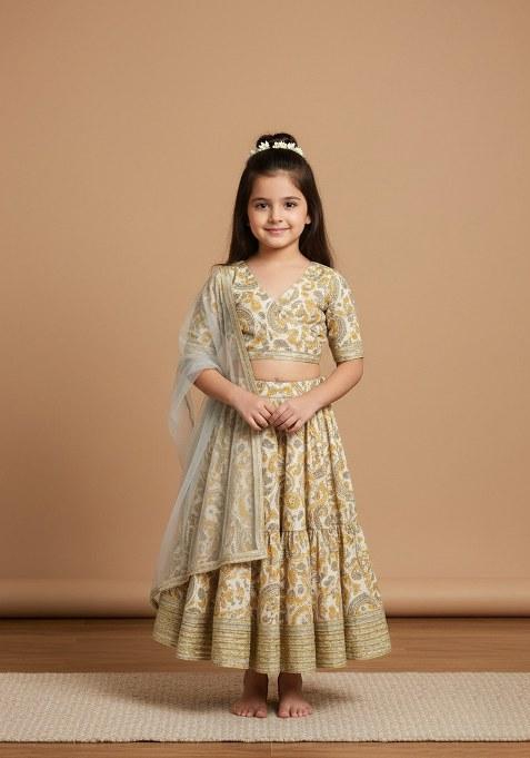 Girls Yellow Floral Print Crepe Lehenga Set