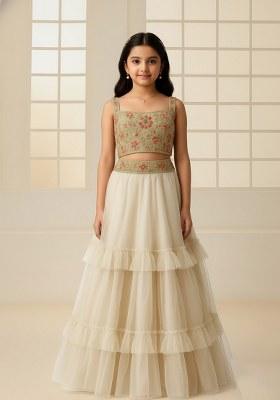 Girls White Sequin Net Lehenga Set
