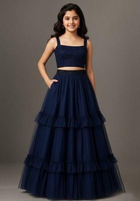 Girls Blue Embroidered Net Lehenga Set