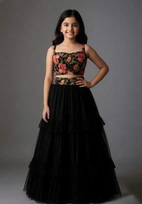 Girls Black Embroidered Net Lehenga Set