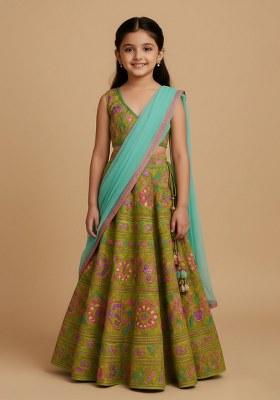 Girls Green Embroidered Chikankari Lehenga Set
