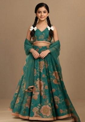 Girls Green Floral Print Organza Lehenga Set