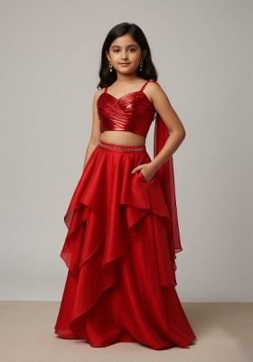 Girls Yellow Solid Lehenga Set