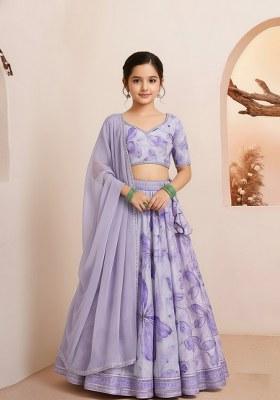 Girls Light Purple Floral Print Organza Lehenga Set