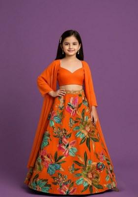 Girls Orange Embroidered Organza Lehenga Set