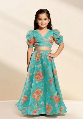 Girls Blue Floral Print Silk Lehenga Set