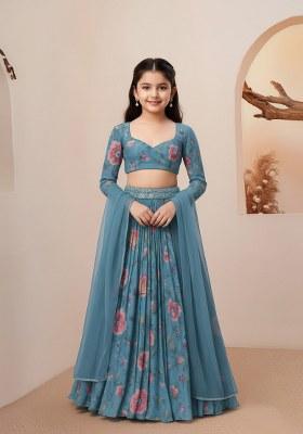 Girls Blue Floral Print Lehenga Set