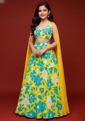 Girls Multicolor Floral Print Satin Lehenga Set
