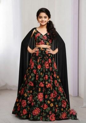Girls Black Floral Print Satin Lehenga Set
