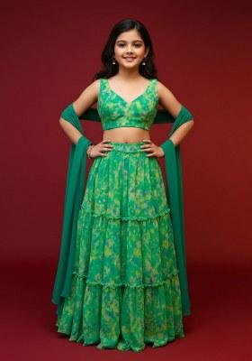 Girls Green Floral Print Georgette Lehenga Set
