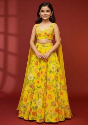 Girls Yellow Floral Print Georgette Lehenga Set