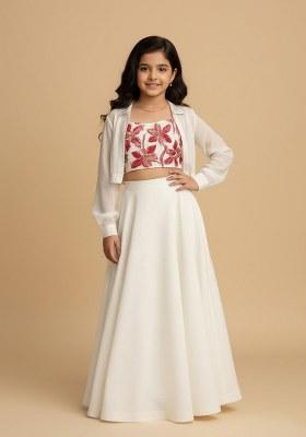 Girls Pink Embroidered Tissue Lehenga Set