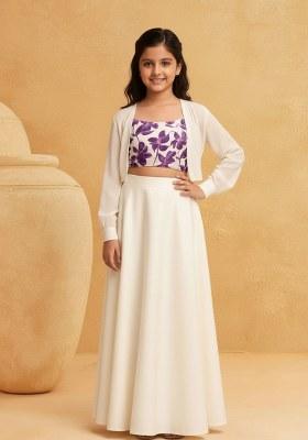 Girls Purple Embroidered Tissue Lehenga Set