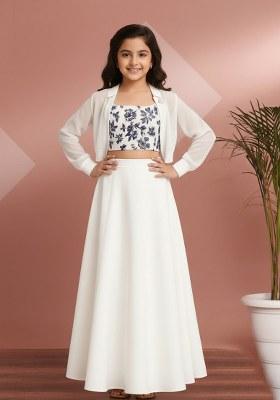 Girls Grey Embroidered Tissue Lehenga Set