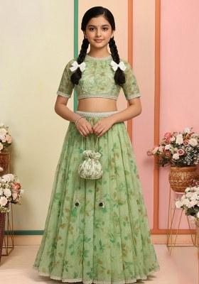 Girls Light Green Floral Print Tissue Lehenga Set