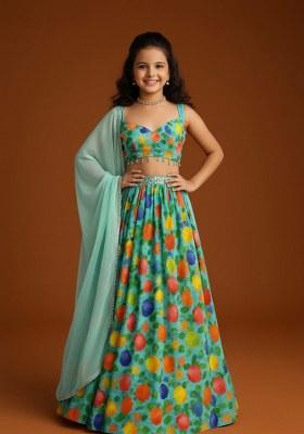 Girls Multicolor Abstract Print Georgette Lehenga Set