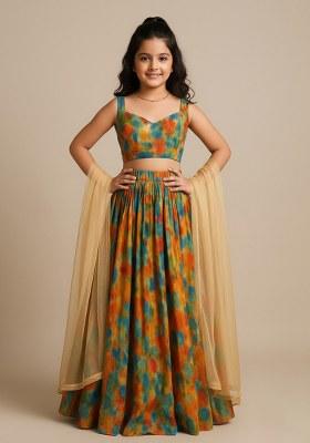 Girls Multicolor Abstract Print Georgette Lehenga Set