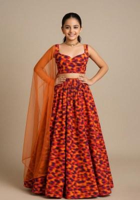 Girls Multicolor Abstract Print Georgette Lehenga Set