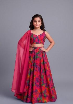 Girls Multicolor Abstract Print Georgette Lehenga Set