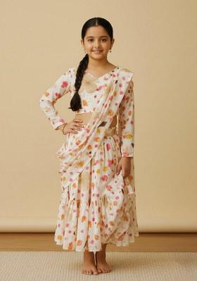Girls Beige Floral Print Satin Georgette Pre Draped Saree Set