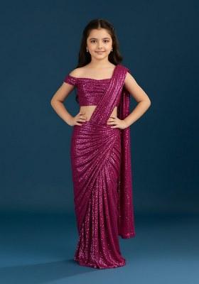 Girls Hot Pink Embellished Georgette Pre Draped Saree Set