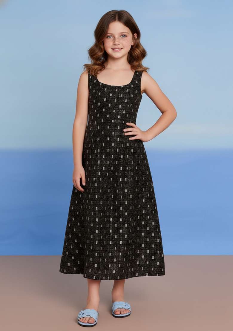 Girls Black Embellished Denim Dress - Indya