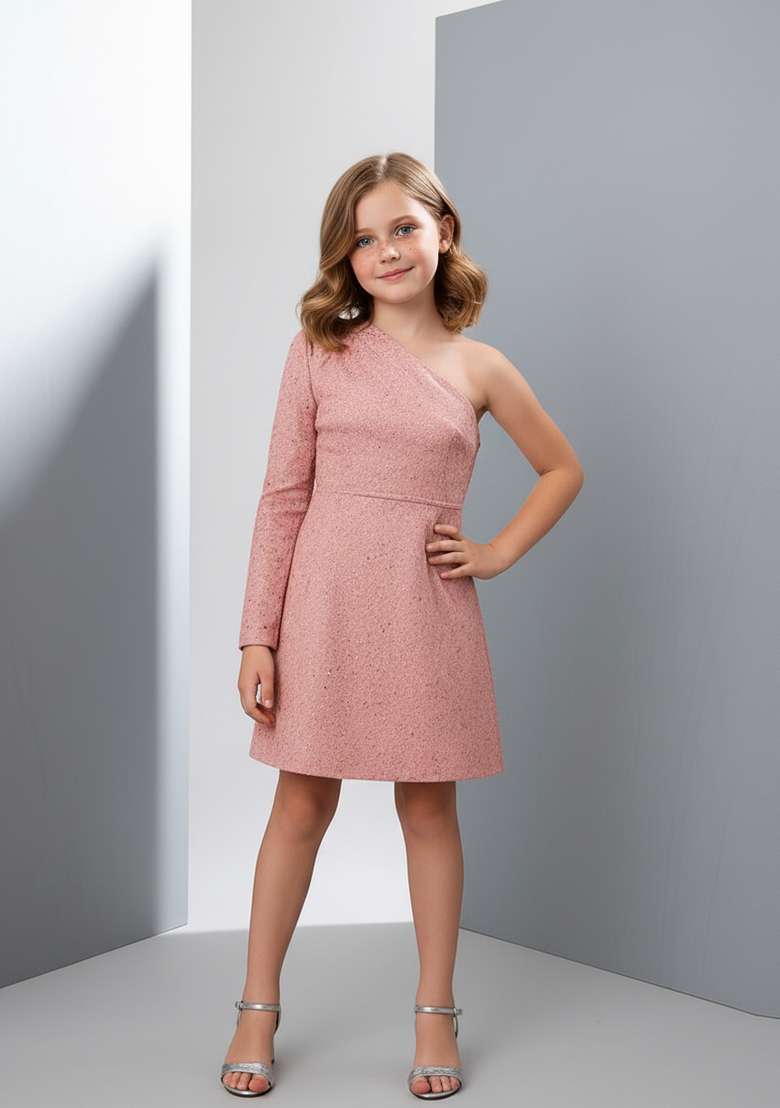 Girls Peach Sequin Denim Dress - Indya