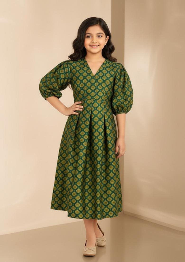 Girls Green Brocade Dress - Indya