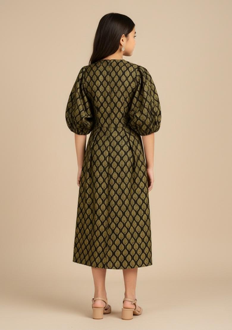 Girls Black Brocade Dress - Indya